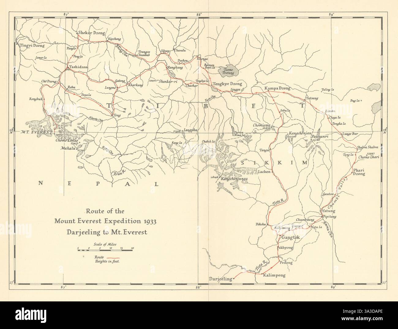 Route de l'expédition 1933 du Mont Everest - Darjeeling au Mont Carte Everest 1934 Banque D'Images