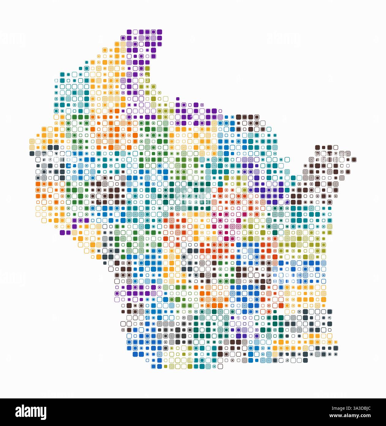 Wisconsin, forme de l'état construit de cellules colorées. Carte de style numérique du Wisconsin sur fond blanc. Blocs carrés arrondis de petite taille. Illustration de Vecteur