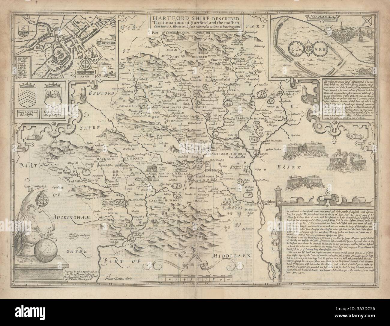 Hartford Shire. Carte Hertfordshire par John Speed. Édition Bassett & Chiswell 1676 Banque D'Images