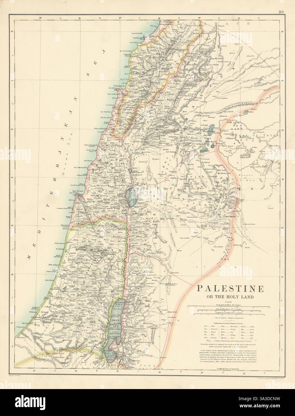 La Palestine ou la Terre Sainte de W. & A.K. Johnston. Israël 1887 ancienne carte antique Banque D'Images