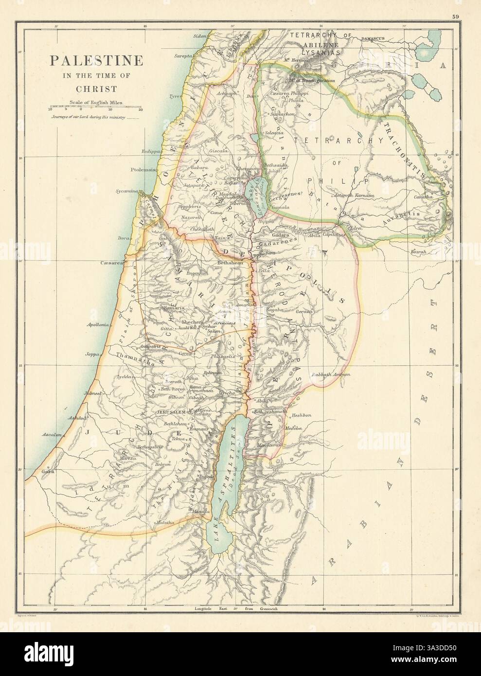 Palestine au temps du Christ par W. & A.K. Johnston. Israël 1887 carte ancienne Banque D'Images