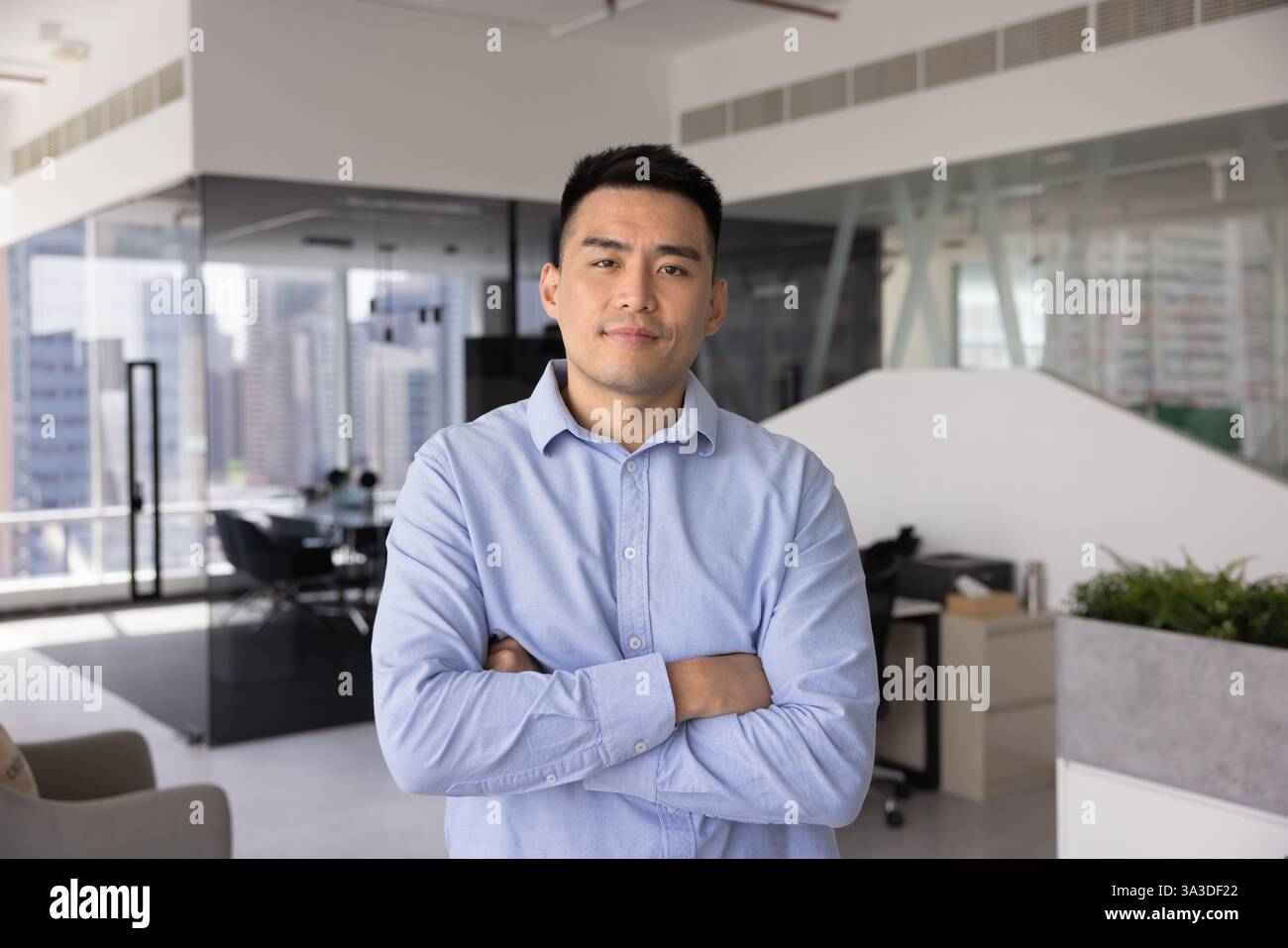 Jeune homme confiant PDG d'une entreprise asiatique posant pour un portrait d'affaires Banque D'Images