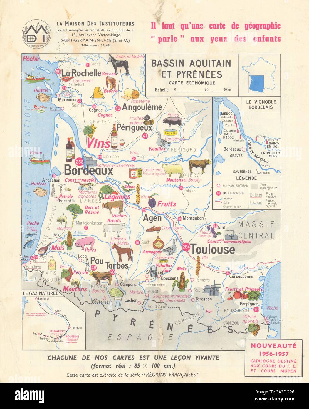 Bassin Aquitaine et Pyrénées - carte Economique 1956 carte ancienne vintage Banque D'Images