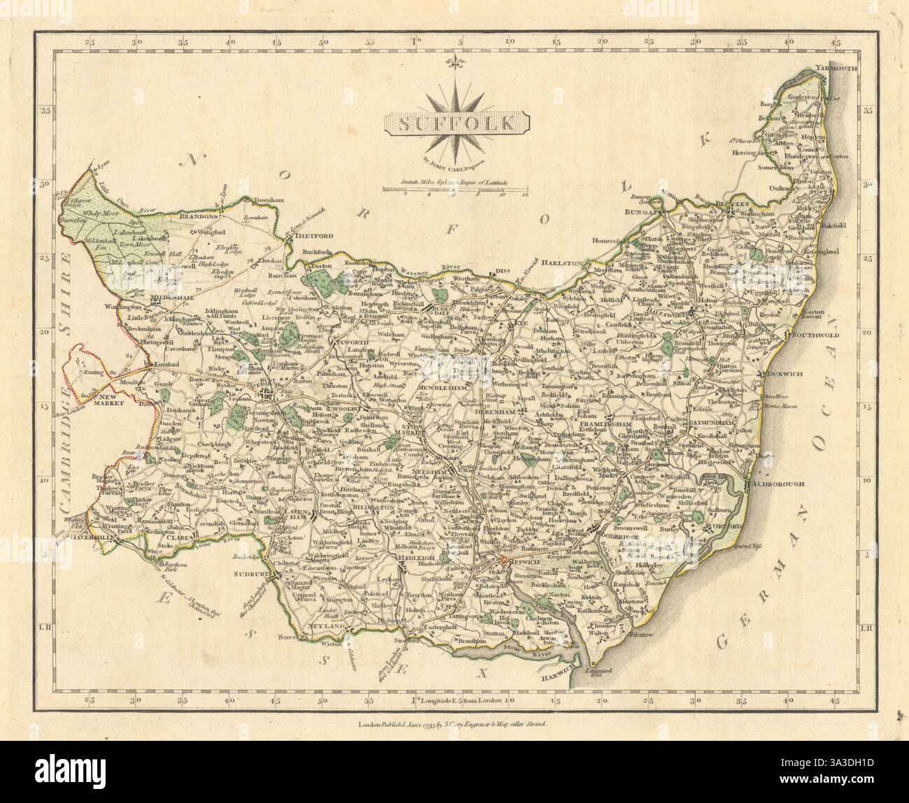Carte du comté de Suffolk antique par JOHN CARY. Couleur de contour original 1793 Banque D'Images