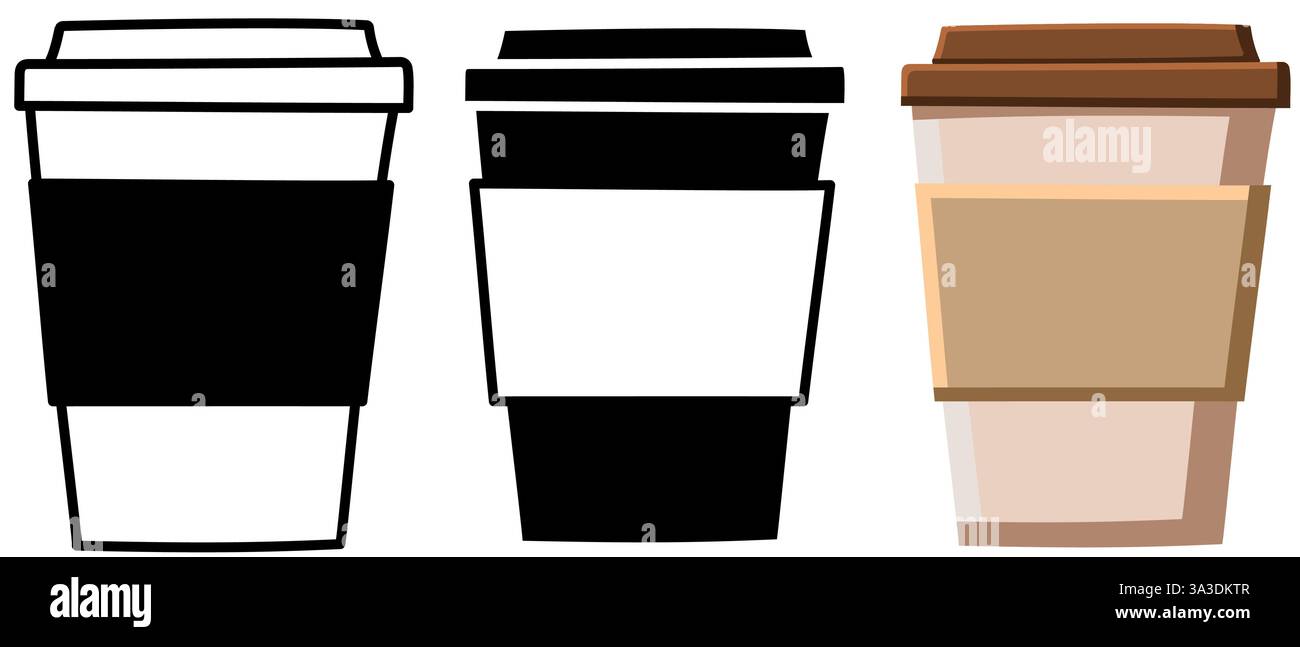 Dessin animé de tasse de café en couleur et noir et blanc, à emporter ou à emporter tasse de boissons Illustration de Vecteur