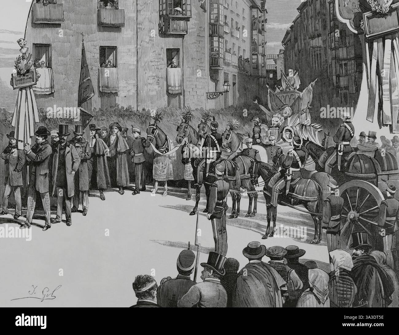 Burgos, Espagne. Événements organisés le 6 mars 1883, pour la remise par le roi Alphonse XII (1857-1885) de l'urne funéraire avec les restes d'El CID (Rodrigo Díaz de Vivar) et de son épouse, Doña Jimena (Jimena Díaz), au conseil municipal. Défilé de la procession civique devant la Casa del Cordón, ancien palais des connétables de Castille. Dessin de la vie par Isidro Gil. Gravure par Vela. La Ilustración Española y Americana (illustration espagnole et américaine), 30 mars 1883. Banque D'Images