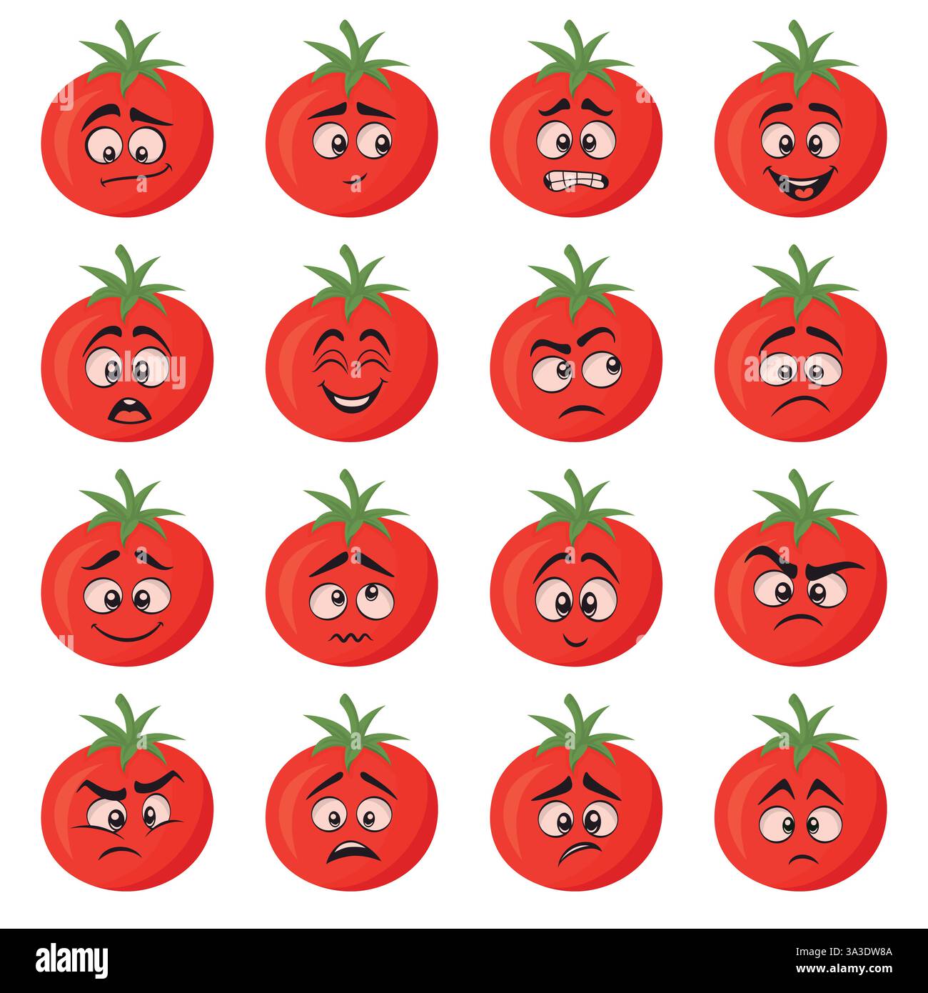 Jeu d'expressions de visage de tomate vectorielle. Personnages de tomate de dessin animé, émotions différentes. Cute faces Collection, humeur drôle. Heureux, en colère, triste, surpris Illustration de Vecteur
