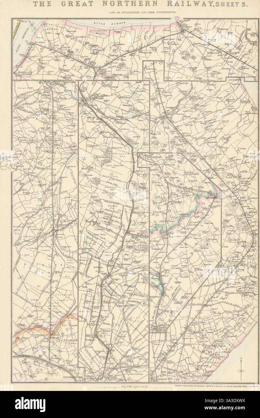 GREAT NORTHERN RAILWAY 3. Loop/Lincolnshire Line. Peterborough. Carte de WELLER 1864 Banque D'Images