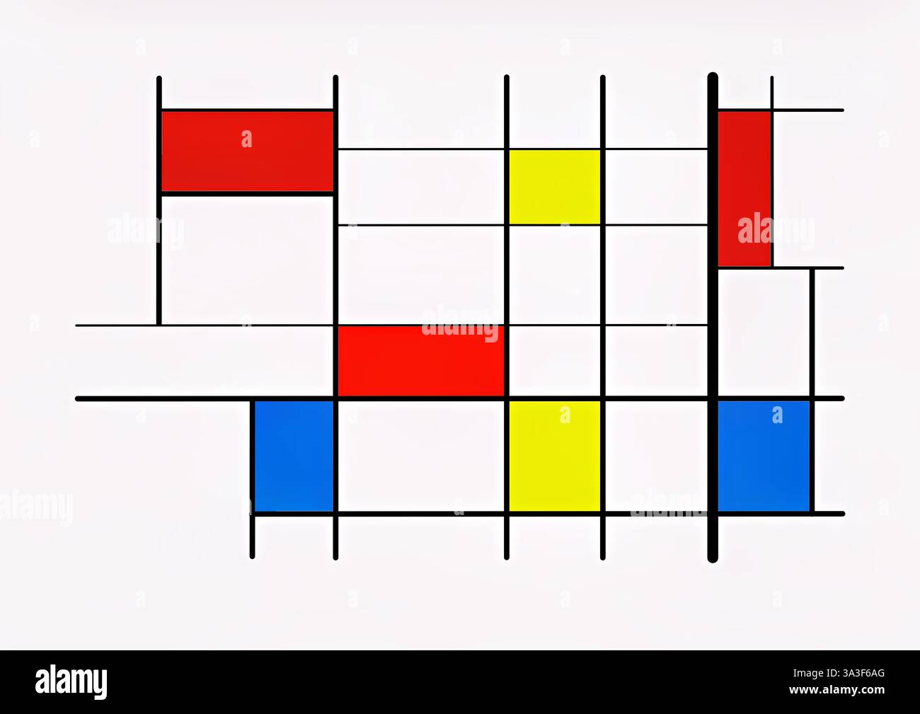 Illustration abstraite en blanc avec des lignes noires et des rectangles colorés en bleu, rouge et jaune. Banque D'Images