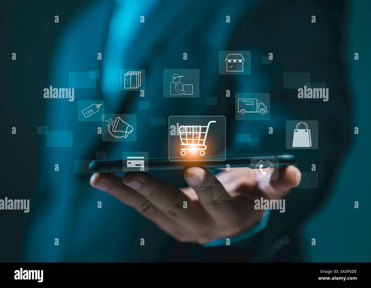 Marketing numérique et financier. Appuyer sur le panier pendant les achats en ligne. Les fournisseurs de marketing offrent des réductions, la livraison gratuite et la livraison 24 heures a d Banque D'Images