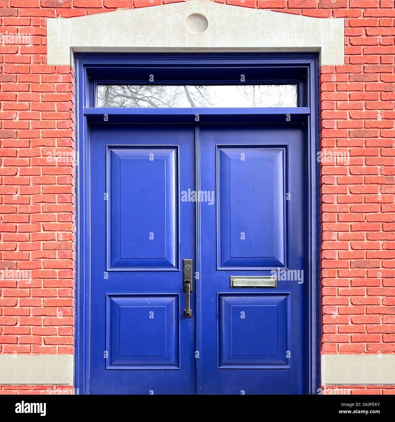 Portes doubles bleu cobalt situées dans une façade en brique rose éclatante, avec une fenêtre arrière classique et des détails architecturaux élégants. - Image de stock capturée avec un smartphone