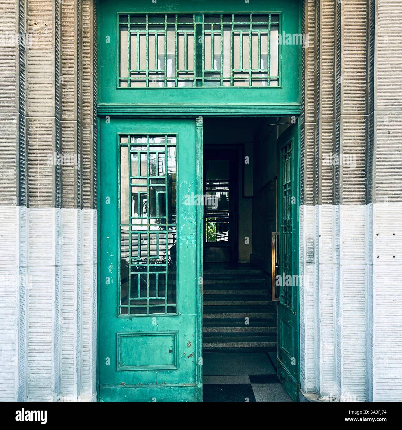 Entrée verte moderniste avec ferronnerie géométrique à Kraków, Pologne Banque D'Images