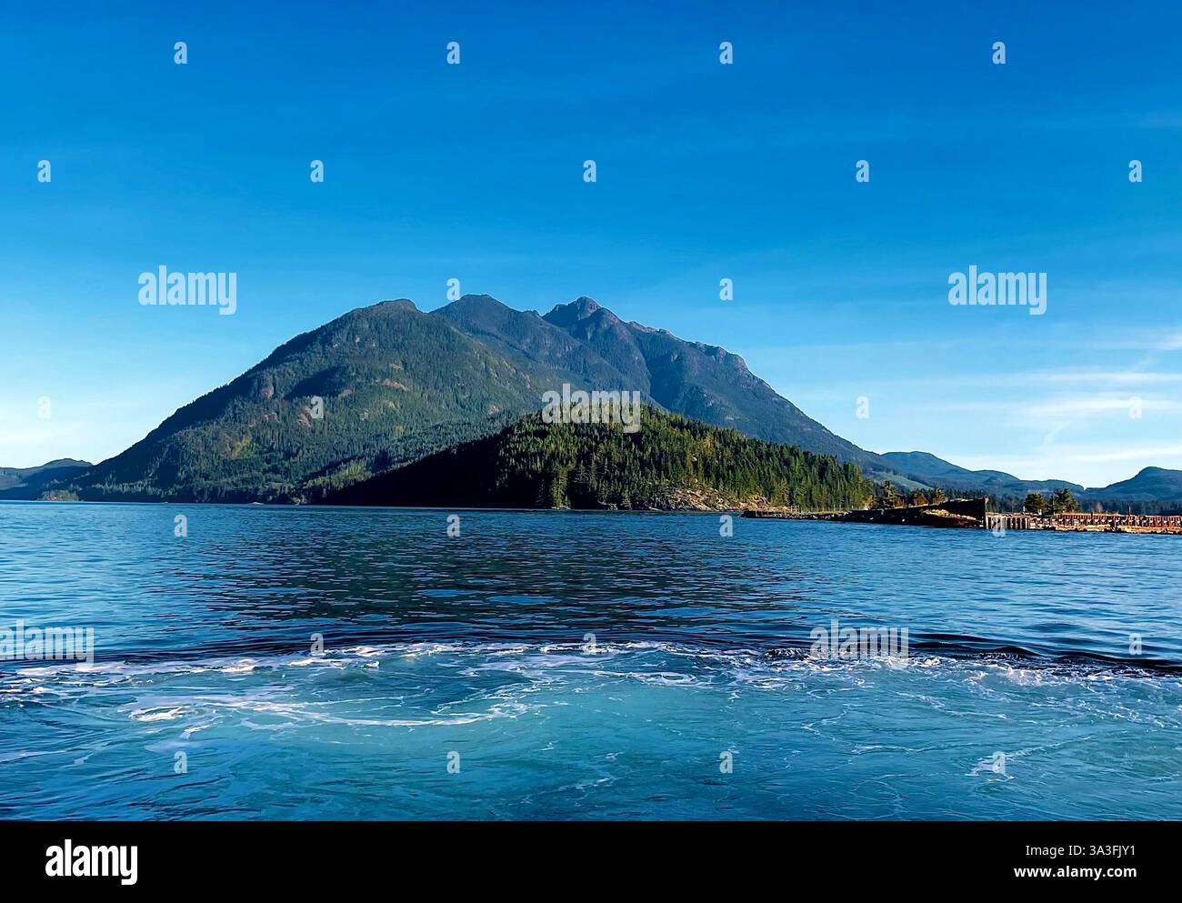rivière bleue avec montagnes vertes sur fond et ciel bleu, côte ensoleillée, colombie-britannique, canada - Image de stock capturée avec un smartphone