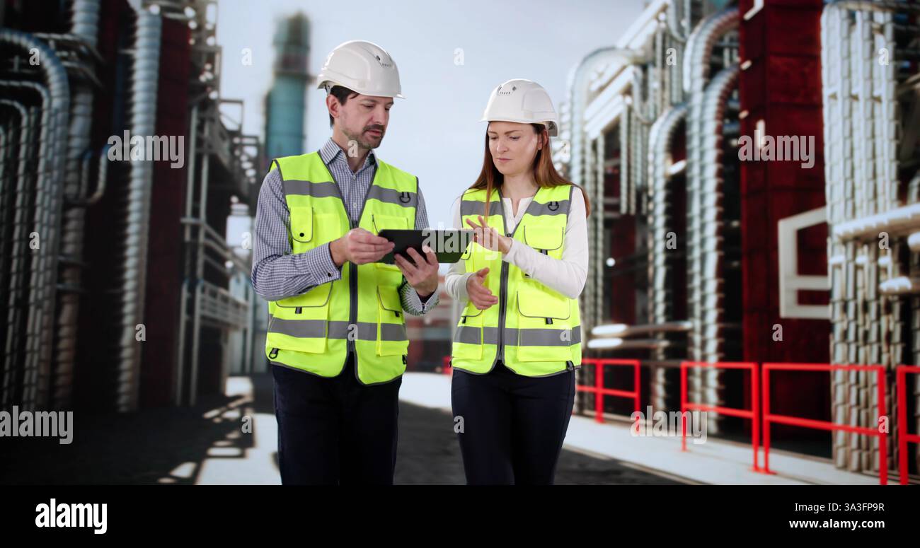 Inspecteurs de sécurité utilisant l'ordinateur tablette pendant l'inspection de l'usine industrielle. Ingénieur et technicien collaborant sur la centrale électrique Banque D'Images Inspecteurs de sécurité utilisant l'ordinateur tablette pendant l'inspection de l'usine industrielle. Ingénieur et technicien collaborant sur la centrale électrique Banque D'Images