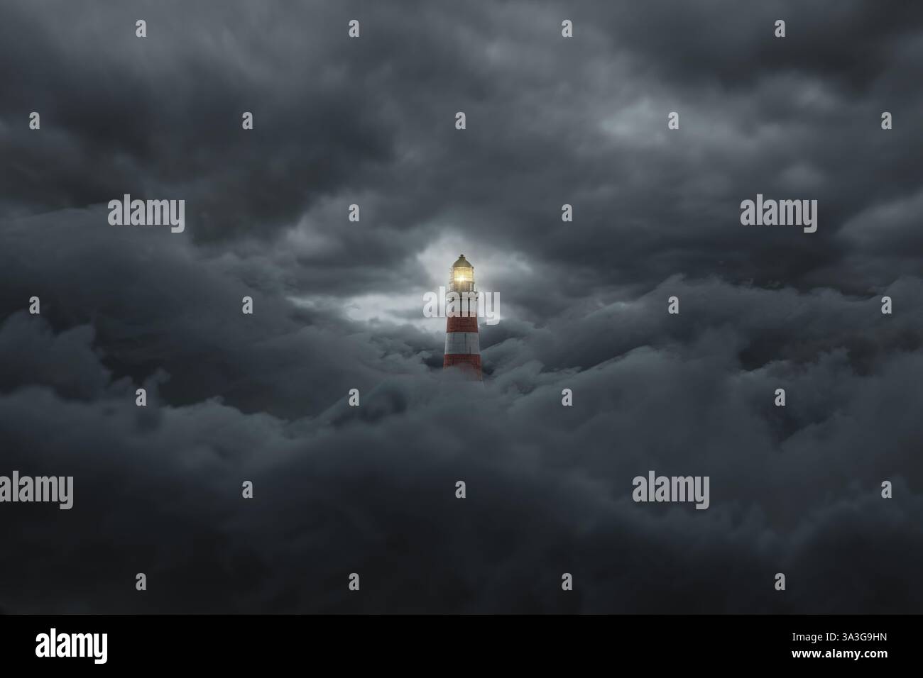 Rendu 3D d'un phare illuminé au-dessus de nuages sombres et moelleux Banque D'Images