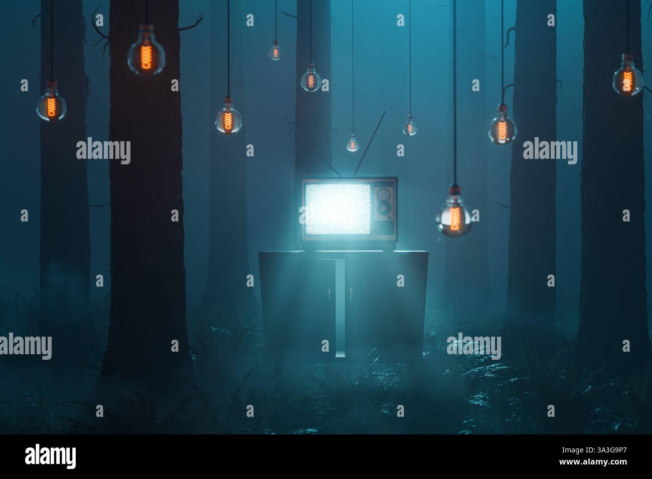 Rendu 3D d'une forêt brumeuse illuminée par un téléviseur lumineux entouré d'ampoules suspendues Banque D'Images