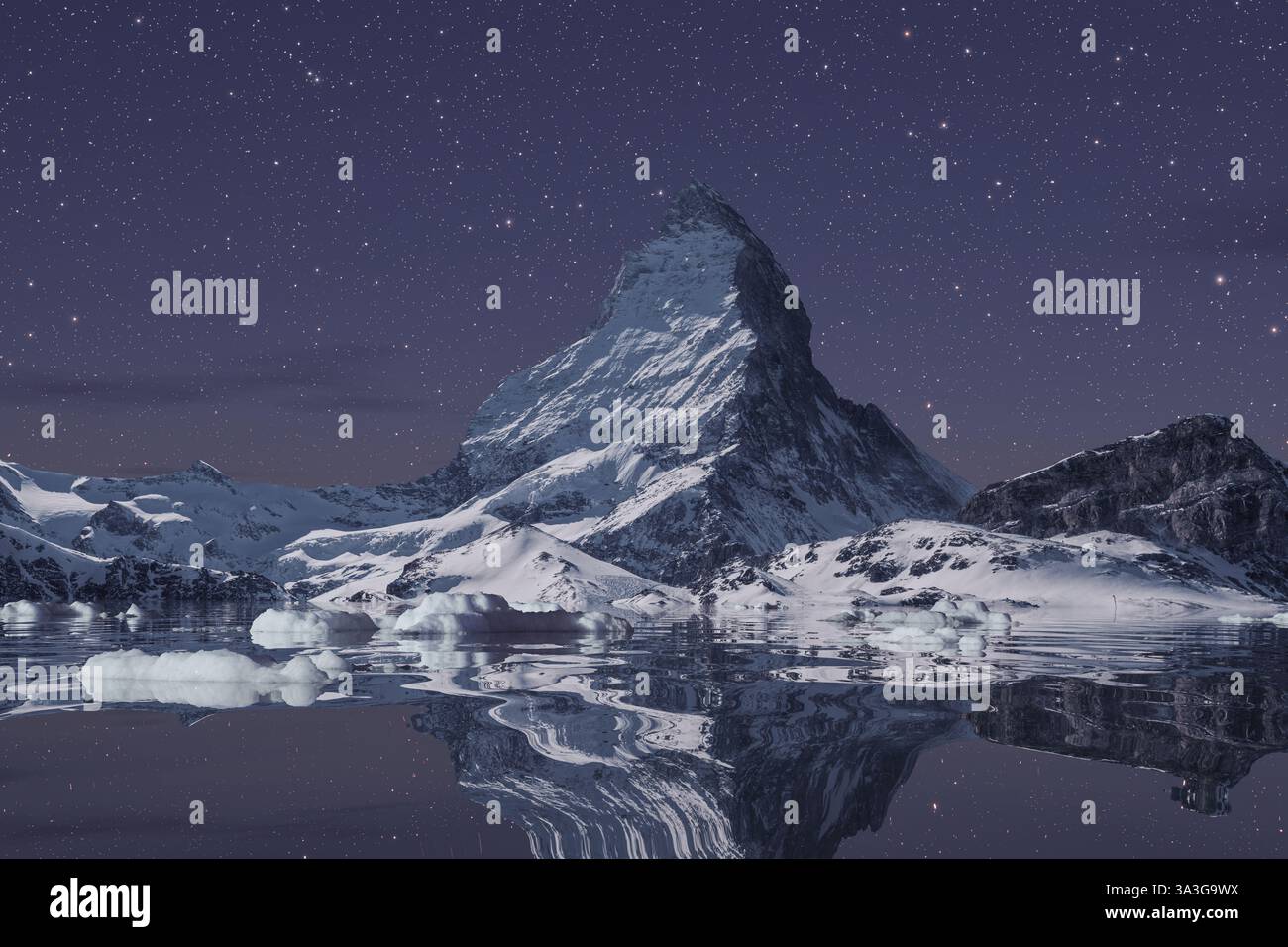 Le majestueux Cervin se reflétait sur le lac par une nuit étoilée Banque D'Images