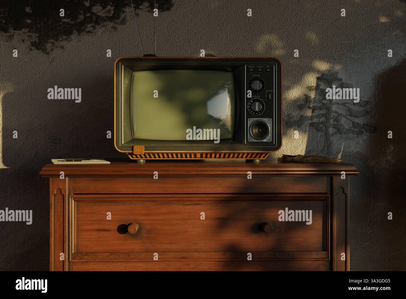 rendu 3d d'une vieille télévision devant une murale peinte à l'huile. Banque D'Images