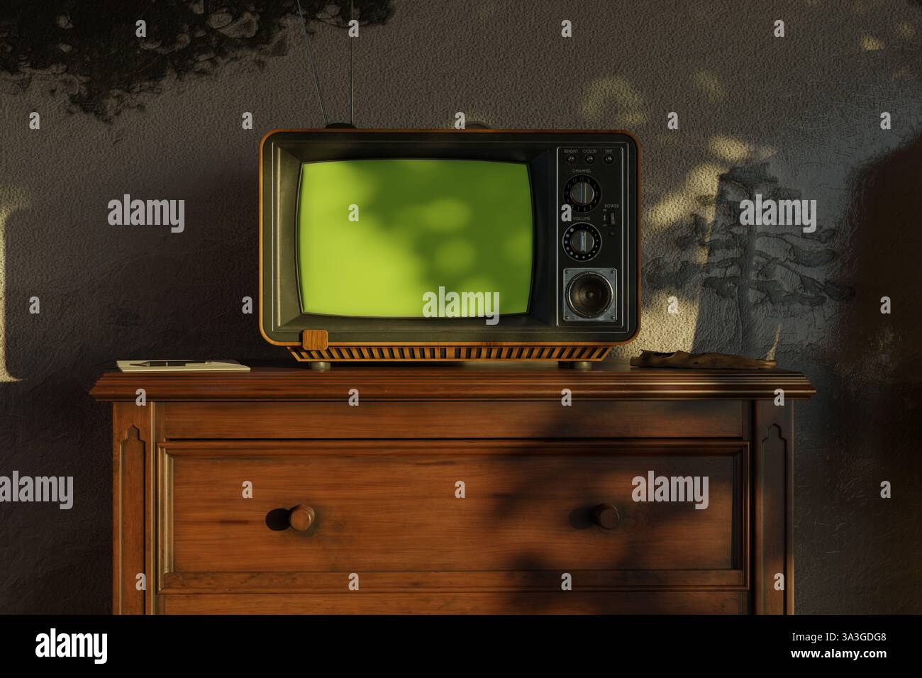 rendu 3d d'une vieille télévision avec écran vert devant une murale peinte à l'huile Banque D'Images
