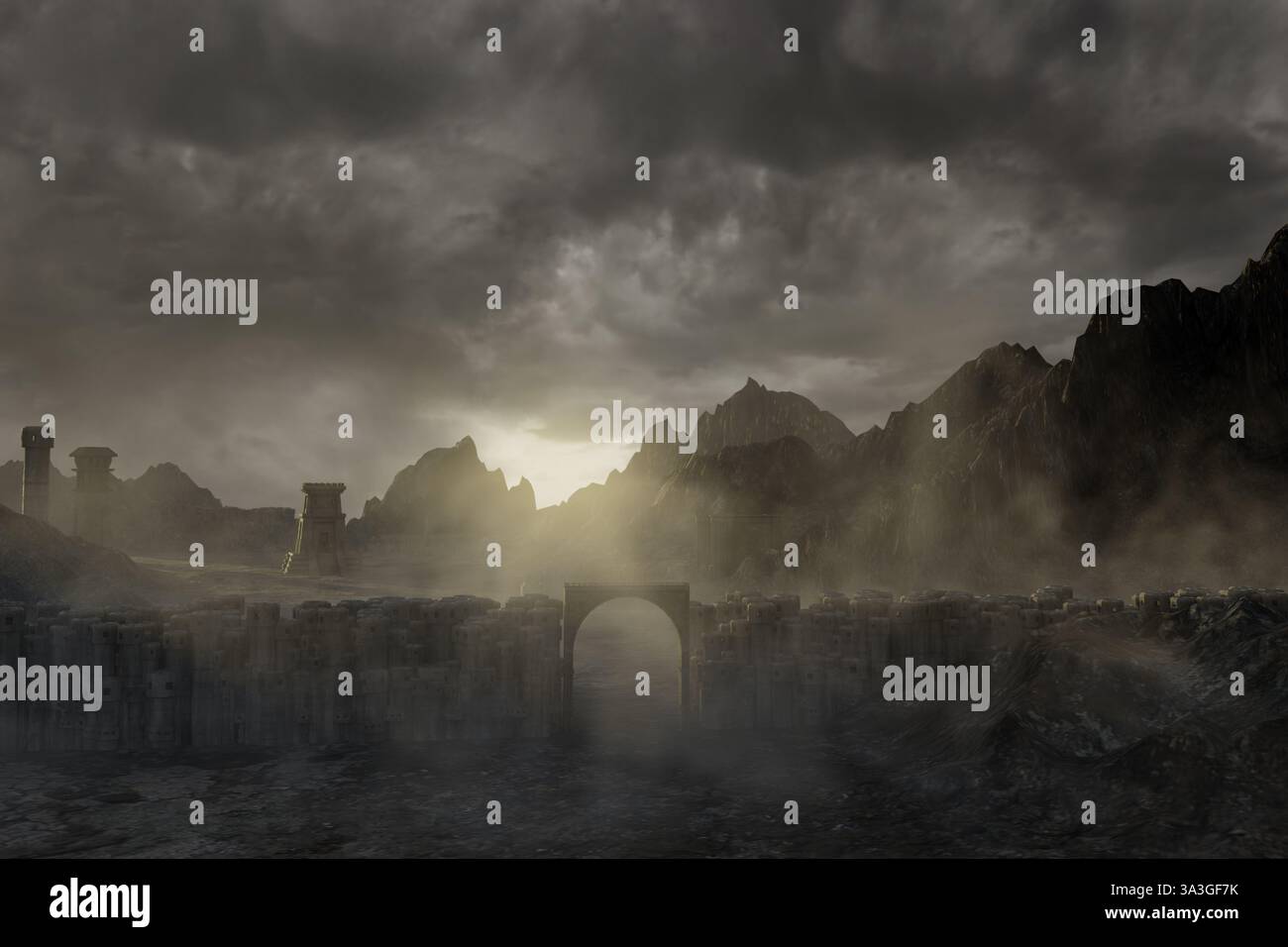 Paysage dystopique couvert de poussière. Rendu 3D. Banque D'Images