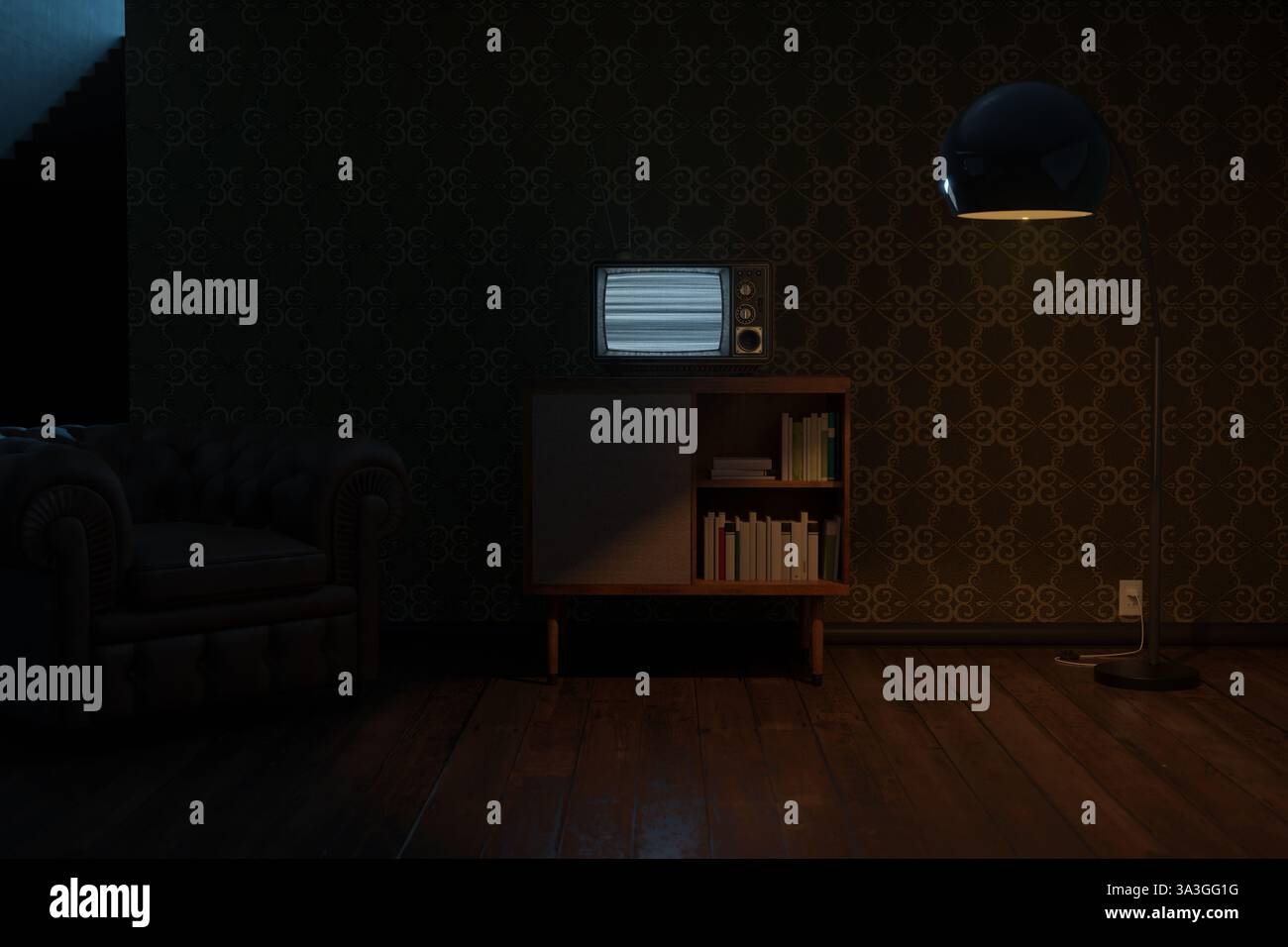 Rendu 3D d'un salon rétro avec une vieille télévision avec écran statique lumineux Banque D'Images