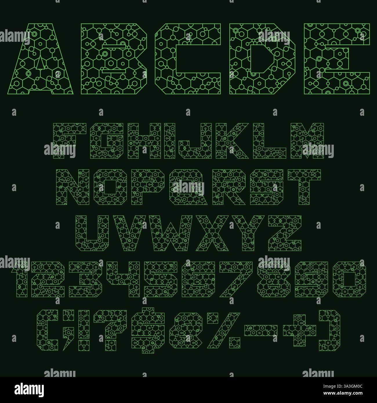 Police, alphabet avec des formes géométriques vertes, hexagone, cercle. Objets vectoriels isolés sur fond noir. Illustration de Vecteur