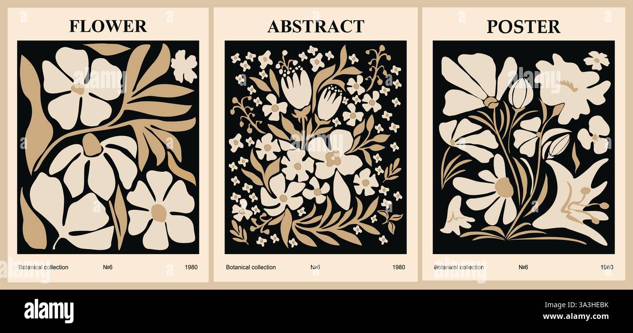 Ensemble d'affiches de marché aux fleurs abstraites noir, beige Illustration de Vecteur