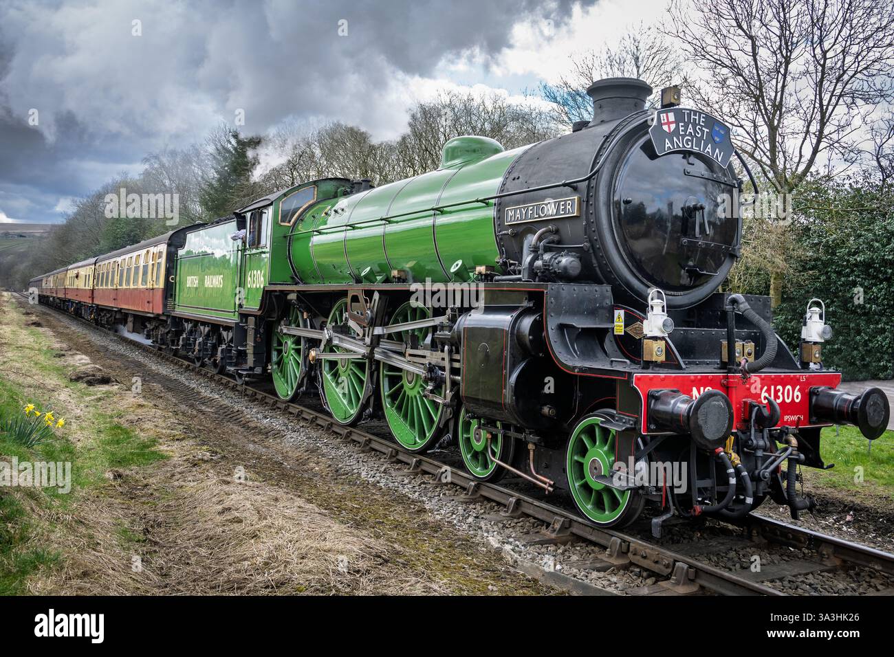 Locomotive à vapeur LNER Thompson Class B1 61306 nommée Mayflower vue à l'arrêt Irwell Vale sur le chemin de fer historique East Lancashire. Banque D'Images