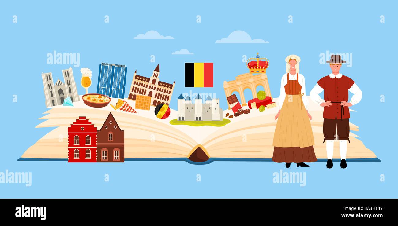 Culture belge et monuments traditionnels, étude de langue en voyage. Bannière de collage infographique avec grand livre de guide ouvert, Belges en costumes nationaux, illustration vectorielle de dessin animé de la nourriture et des bâtiments Illustration de Vecteur