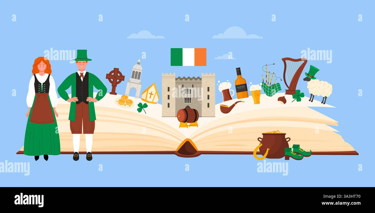 Éléments de culture, nourriture et monuments célèbres de l'Irlande dans le collage infographique avec livre de guide en papier géant ouvert, les Irlandais dans des robes traditionnelles pour l'illustration vectorielle de bande dessinée St Patricks Day Illustration de Vecteur