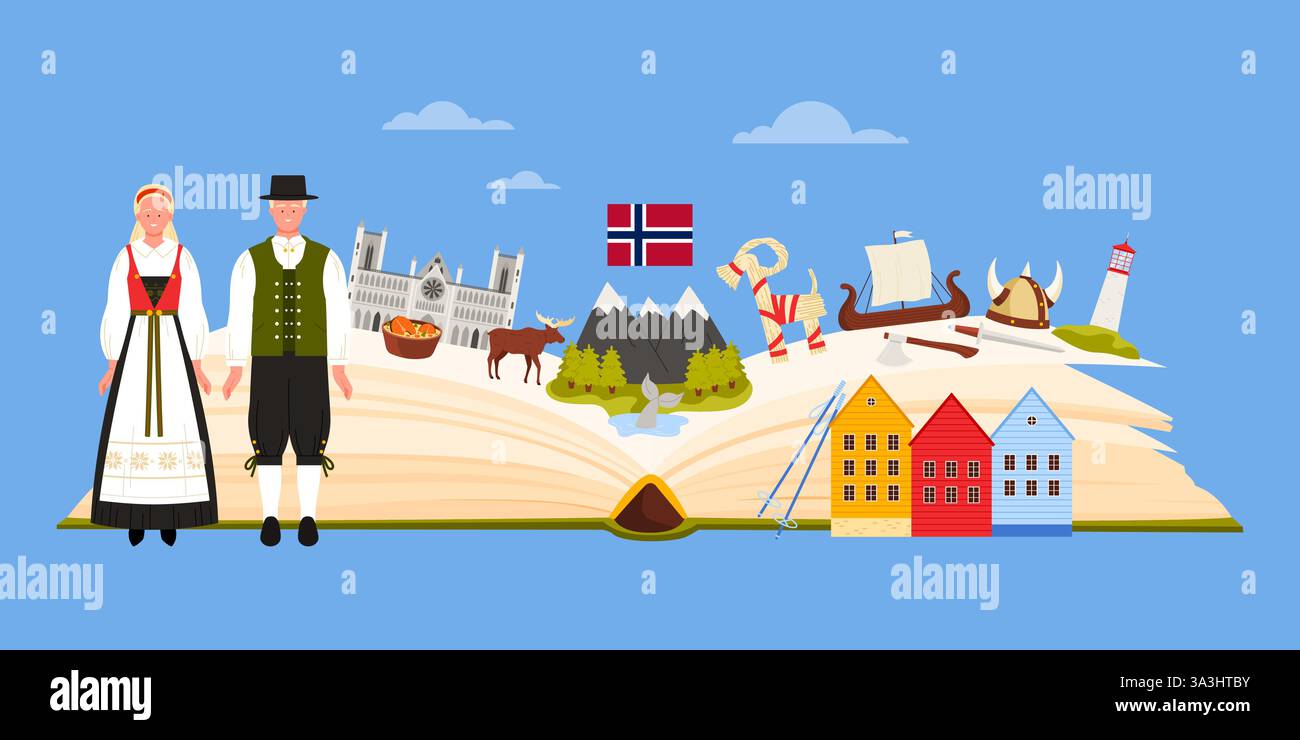 Les éléments de la culture norvégienne, la langue et les sites de la Norvège étudient dans le collage infographique. Livre de guide ouvert et paysage de montagne, les gens en costumes traditionnels et l'illustration vectorielle de dessins animés de repères Illustration de Vecteur