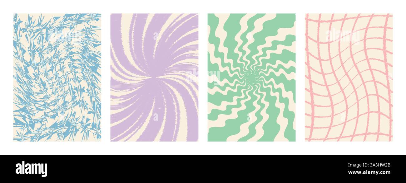 Ensemble d'affiches esthétiques torsadées Y2K. Cartes déformées à la mode dans les couleurs bleu, violet, vert et rose. Arrière-plans vectoriels abstraits Trippy dans un style rétro Illustration de Vecteur