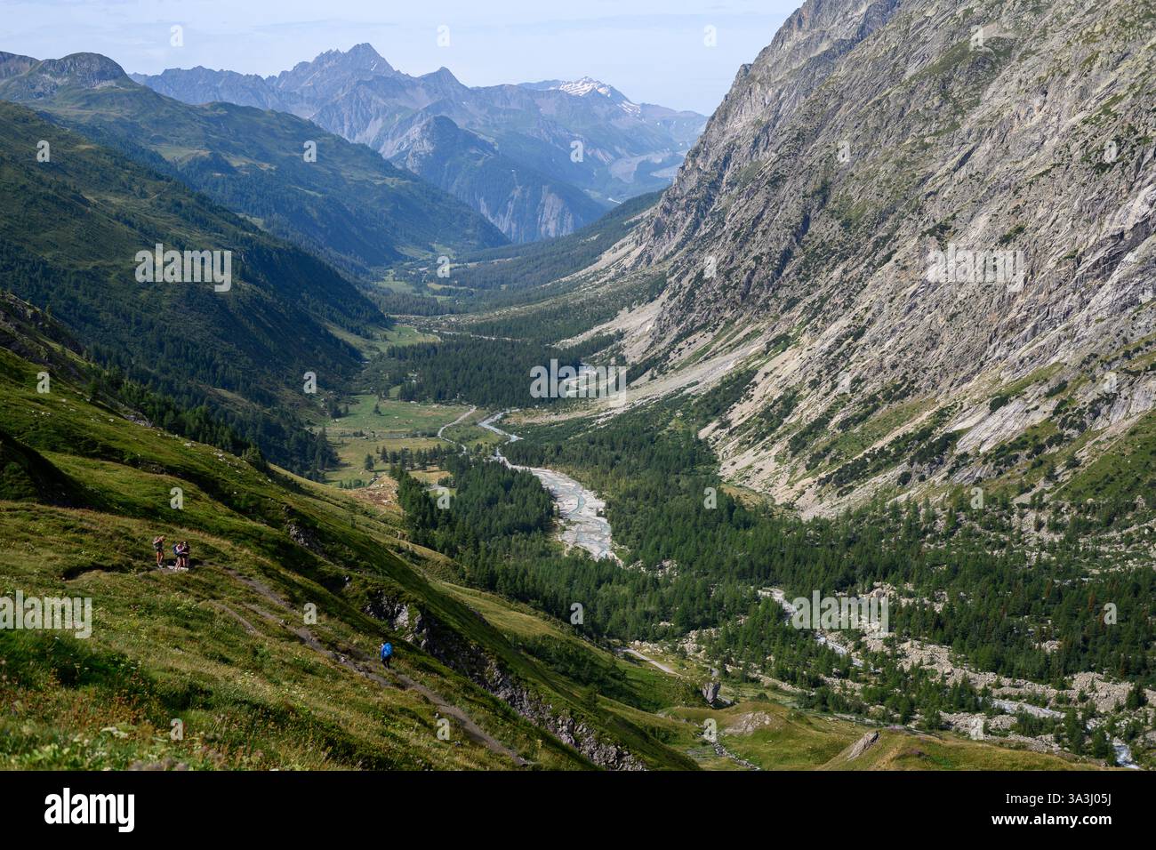 Le Val Ferret dans la vallée d'Aoste en Italie. Partie du parcours de longue distance du Tour du Mont Blanc. Banque D'Images