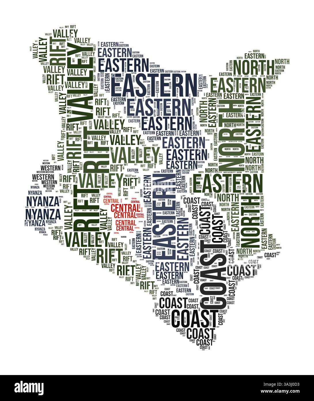 Kenya Word Cloud. Forme du pays avec division de région. Image de style typographique Kenya. Nuages de balises de noms de région. Illustration vectorielle. Illustration de Vecteur