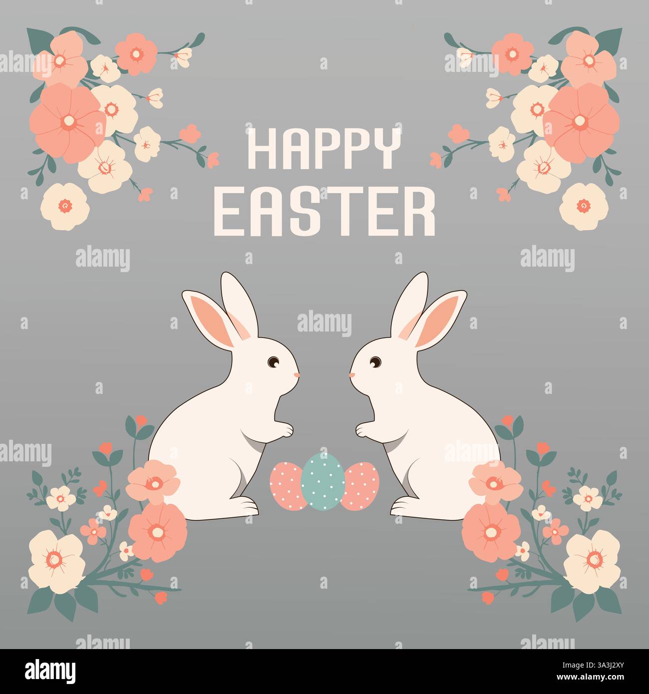 Joyeuse carte de pâques avec des œufs décoratifs, illustration vectorielle de lapins mignons Illustration de Vecteur