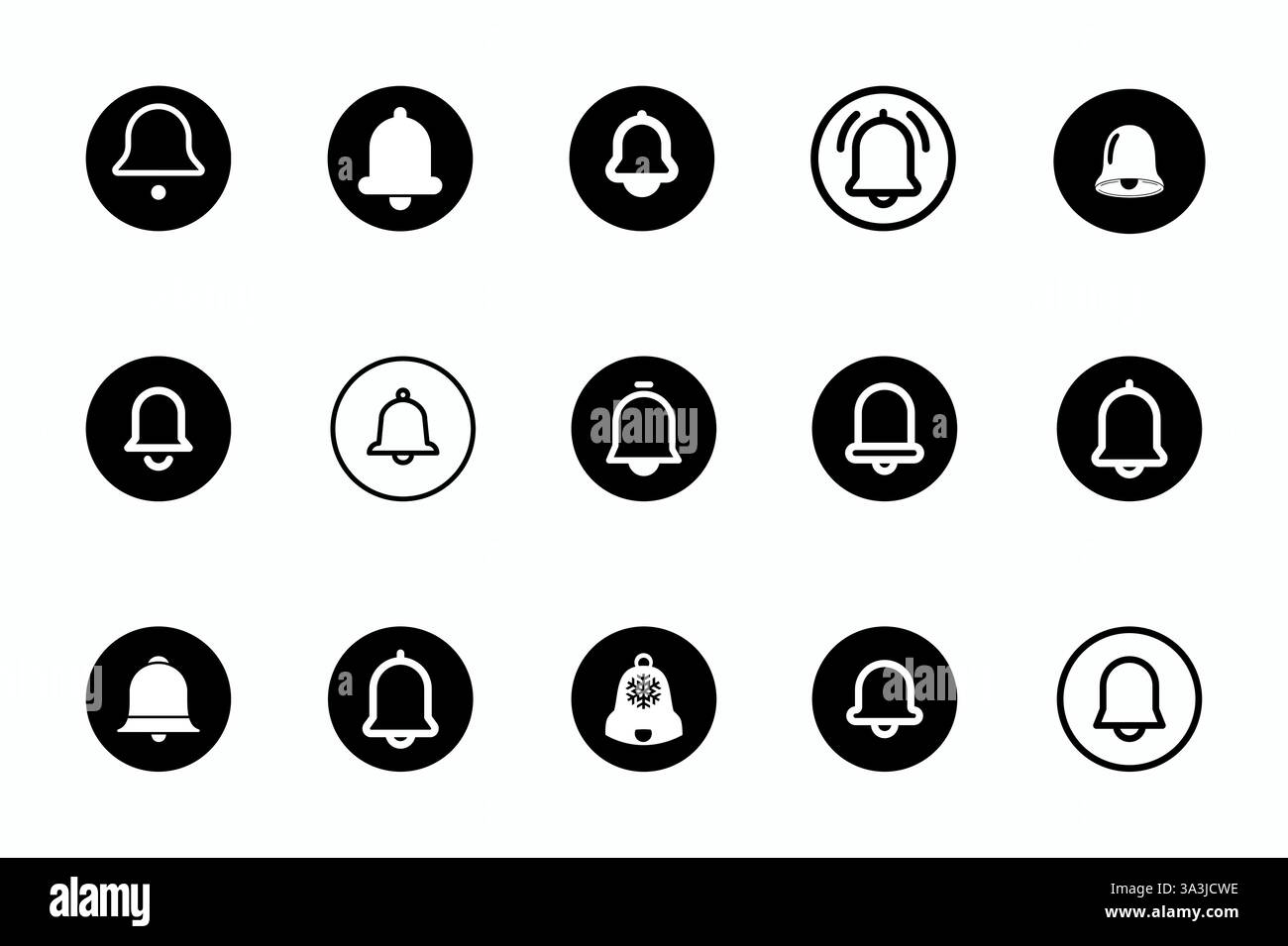 Icône de cloche de notification définie. Message entrant dans la boîte de réception. Collection d'icônes de notification de nouveaux messages. Sonnerie et notification pour horloge et smartphone, Illustration de Vecteur