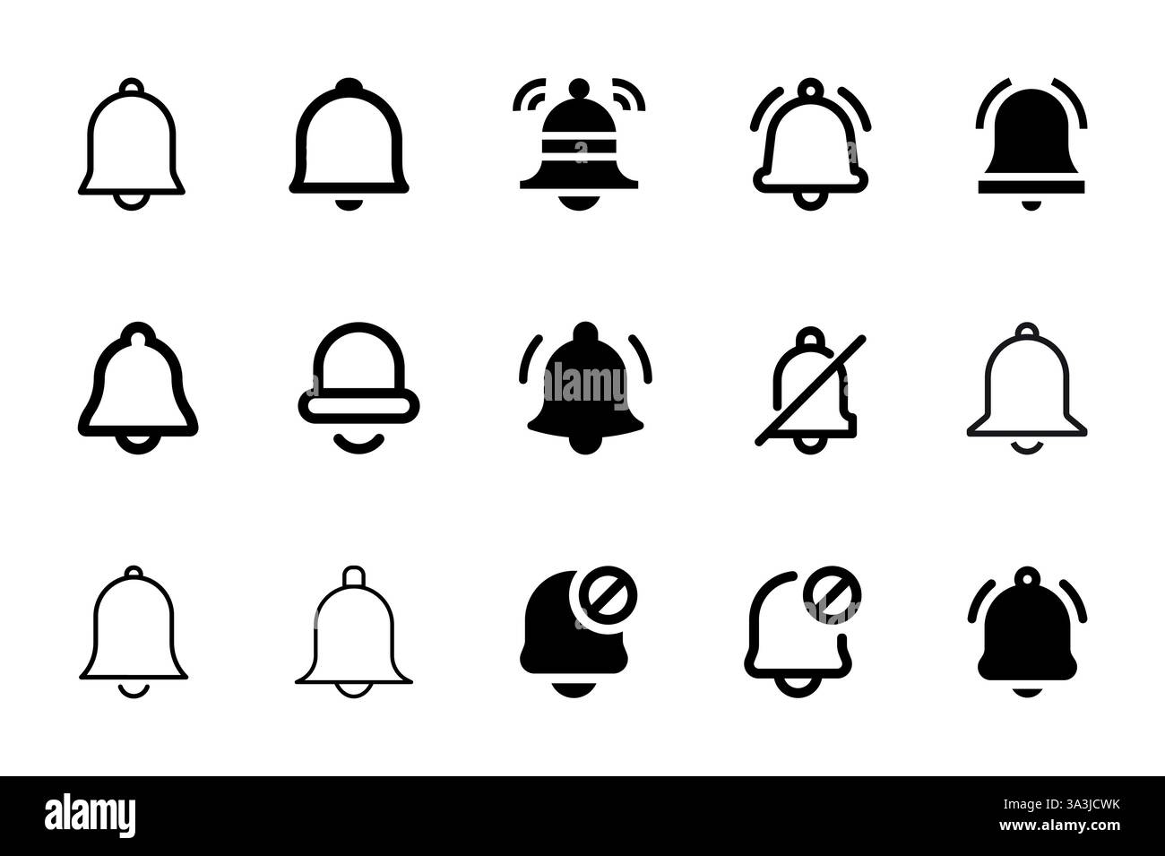 Icône de cloche de notification définie. Message entrant dans la boîte de réception. Collection d'icônes de notification de nouveaux messages. Sonnerie et notification pour horloge et smartphone, Illustration de Vecteur