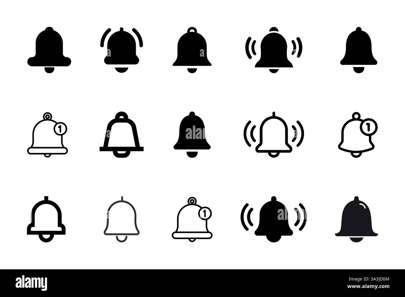 Icône de cloche de notification définie. Message entrant dans la boîte de réception. Collection d'icônes de notification de nouveaux messages. Sonnerie et notification pour horloge et smartphone, Illustration de Vecteur