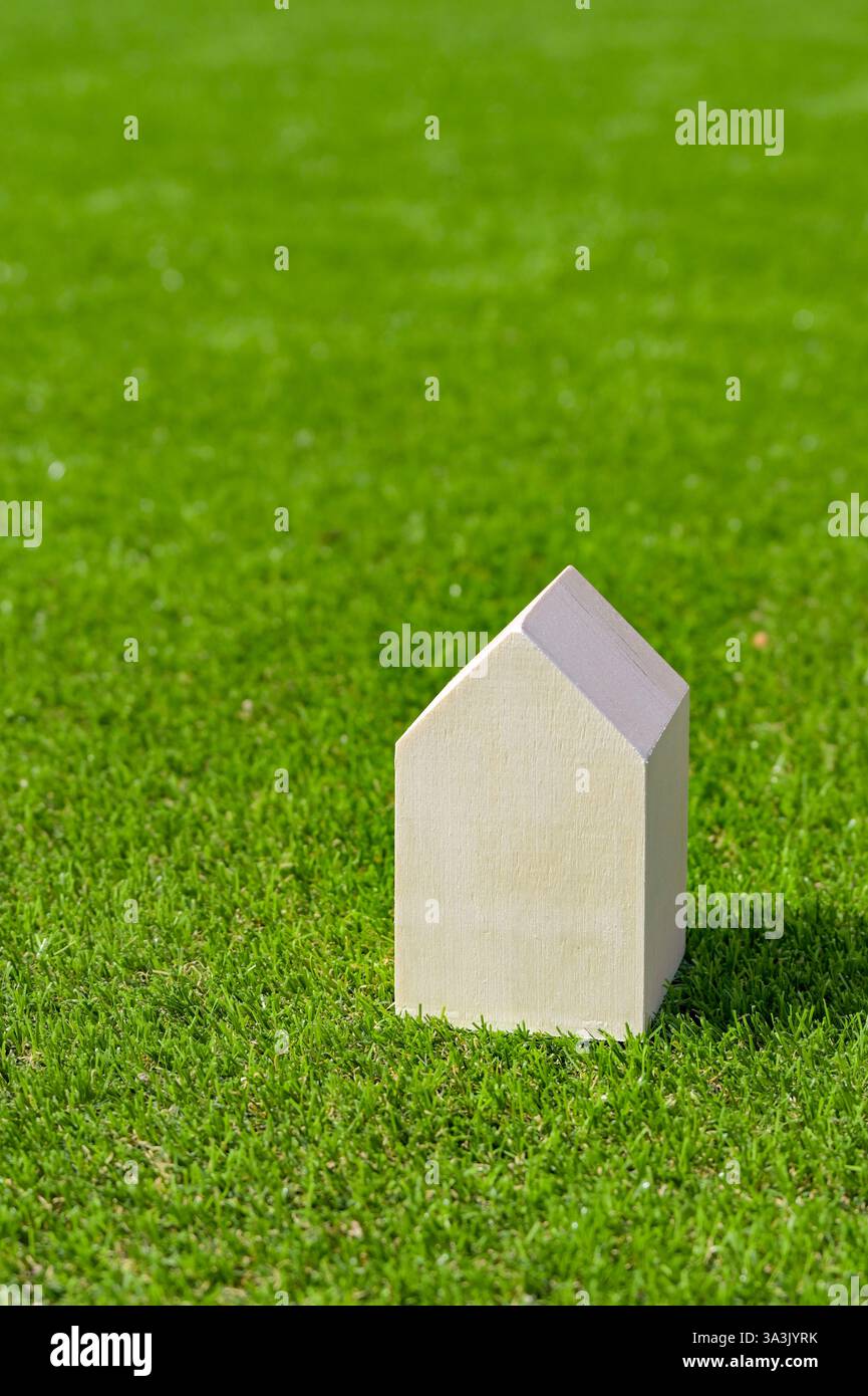 Petite maison modèle en bois isolée sur l'herbe verte luxuriante d'une pelouse. Concept de construction de logements et d'accession à la propriété. Copier l'espace. Banque D'Images