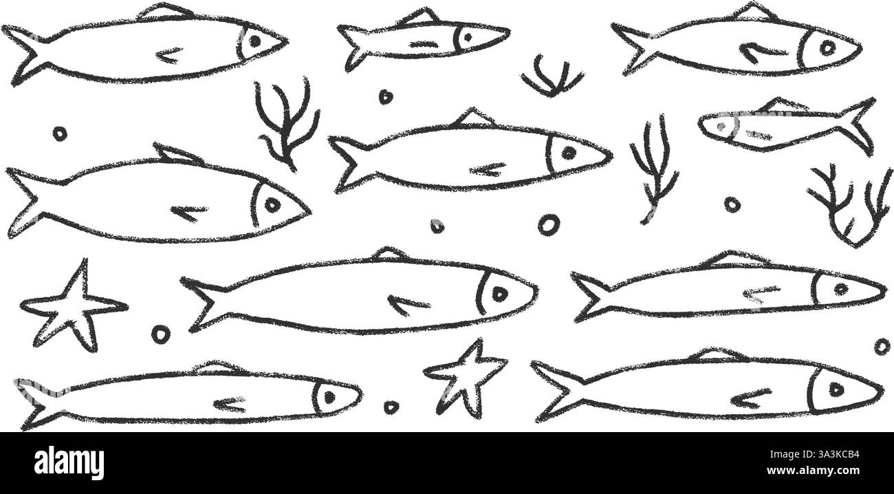 Jeu de doodle de poissons. Sardines dessinées à la main griffonnage École de poissons dans la mer. Illustration nautique monochrome vectorielle par aquarium à crayons sur backgro blanc Illustration de Vecteur
