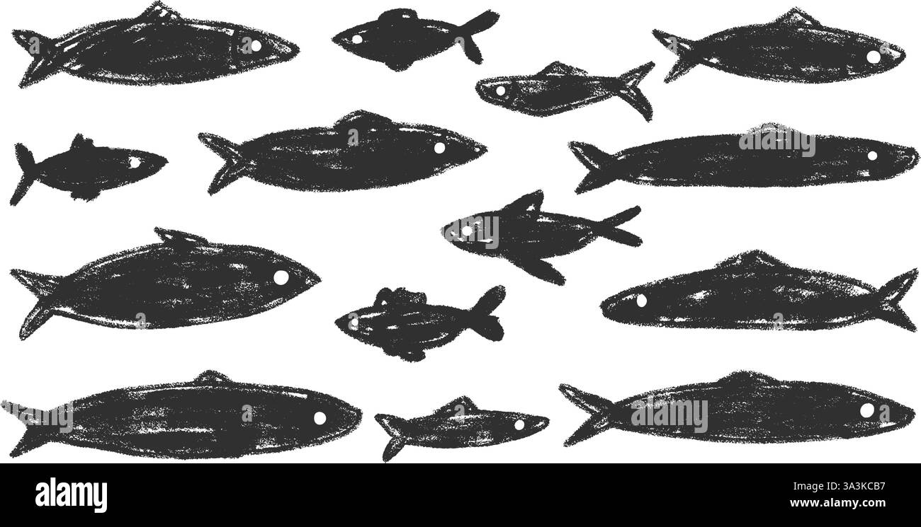 Jeu de doodle de poissons. Formes de marqueurs dessinées à la main de sardines. École de poissons. Illustration nautique monochrome vectorielle par crayon isolé sur fond blanc. Illustration de Vecteur