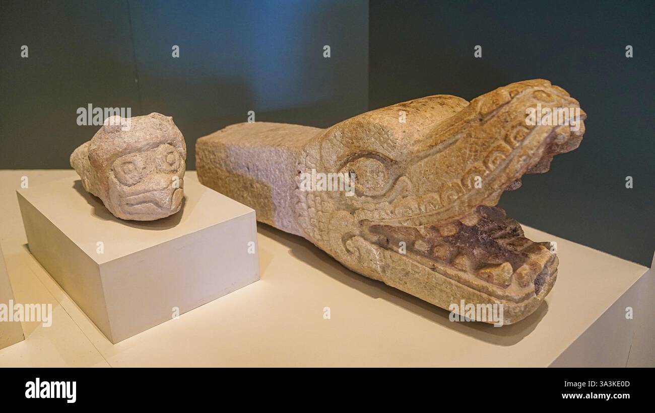 Têtes de serpent et de chouette, calcaire, de la période maya post-classique, trouvées à Chichen Itza exposées au Museo de Maya, Cancun, Mexique Banque D'Images