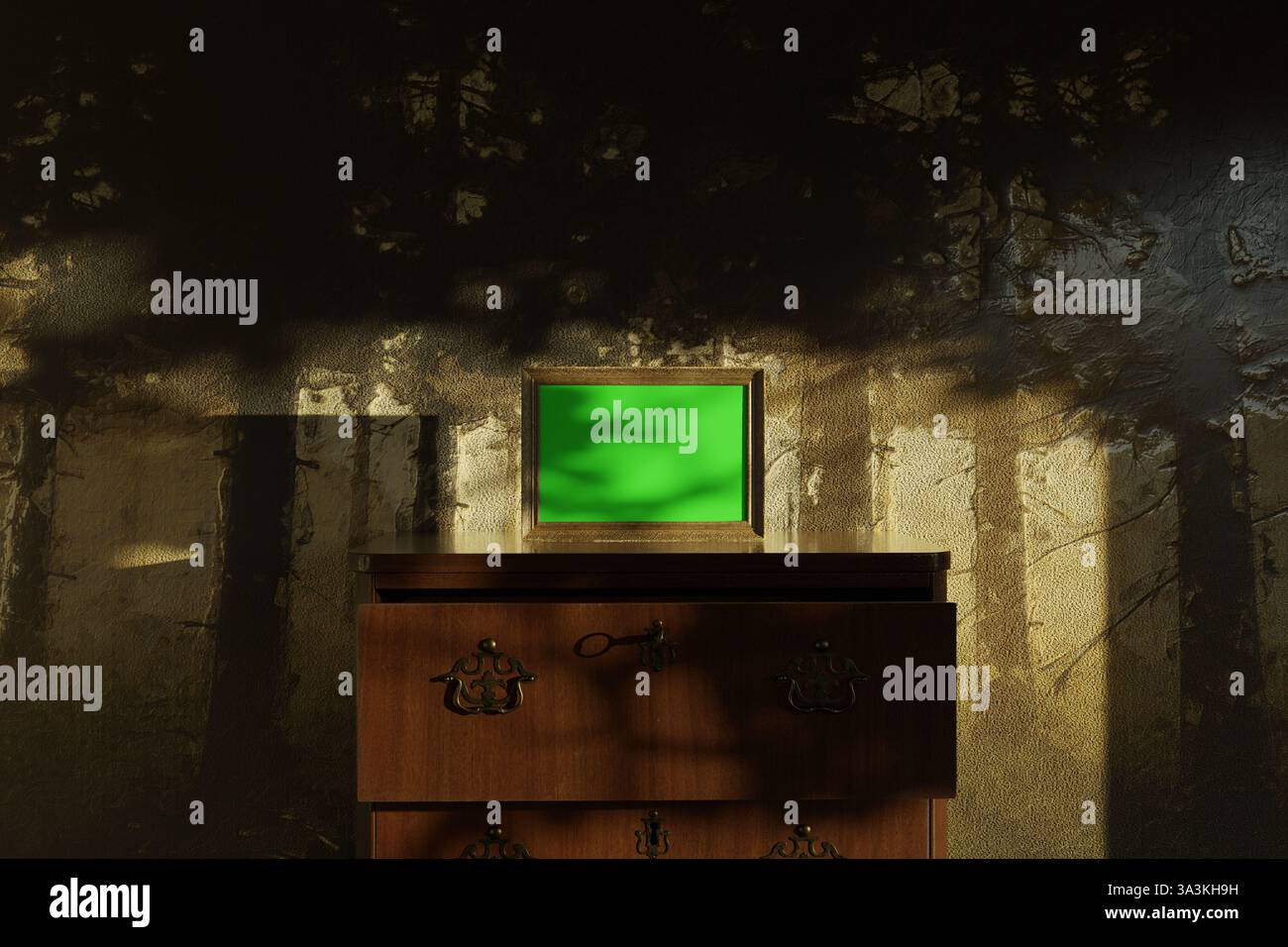 rendu 3d du cadre photo vieilli avec écran vert debout sur commode en bois Banque D'Images