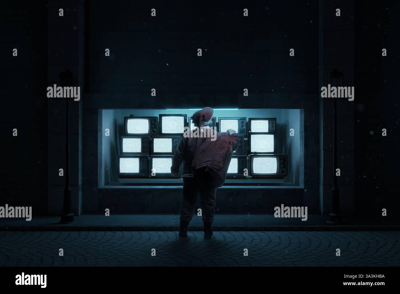 composition numérique du père noël de dos avec sac de noël dans la main qui se tient devant la vitrine de télévision Banque D'Images