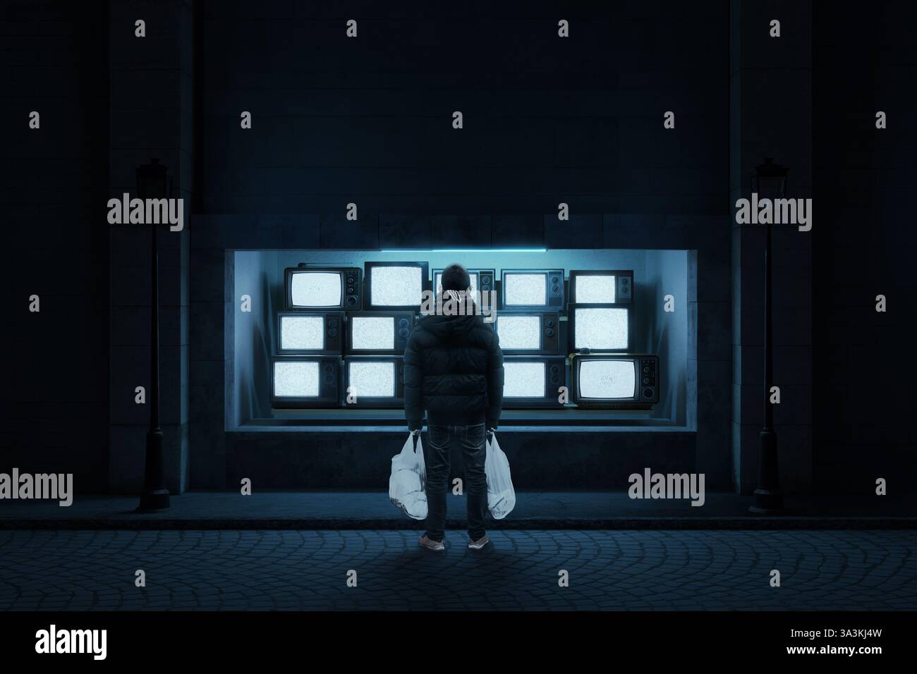 composition numérique de l'adolescent de dos avec des sacs blancs dans la main qui se tient devant la vitrine de télévision Banque D'Images