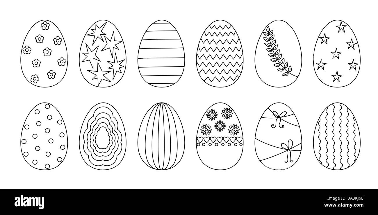 Contour de symbole de vacances de Pâques décoré oeufs ensemble dans l'illustration vectorielle simple de doodle pour le décor de temps de fête du printemps, page de coloriage, cartes de voeux, invitations, bannières, activités pour enfants Illustration de Vecteur