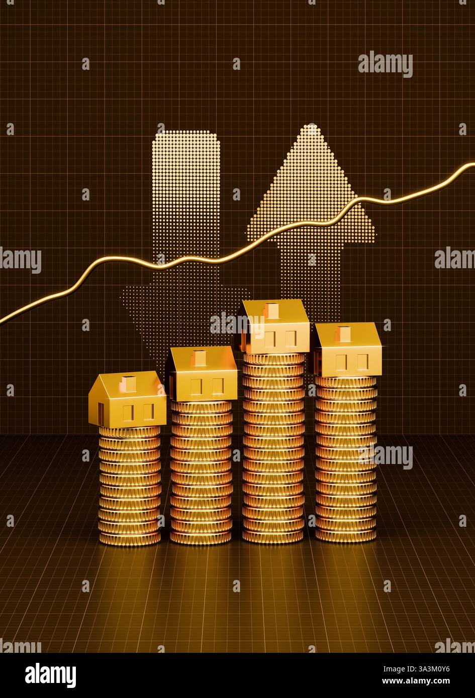 Hausse des prix pour le concept immobilier : maisons sur des piles de pièces d'or, des flèches demi-teintes et un graphique en hausse - fond est le style de papier à l'échelle. Banque D'Images