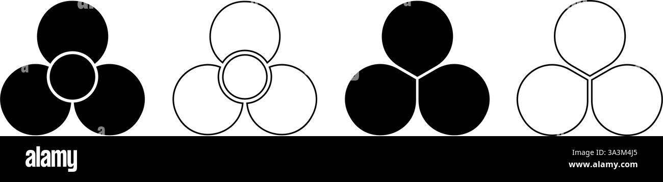 Ensemble de silhouettes de fleurs avec 3 pétales. Diagramme circulaire floral divisé en trois parties égales en formes de feuilles isolées sur fond blanc. Jouets à ventilateur, hélice ou roue à épingles. Illustration graphique vectorielle. Illustration de Vecteur