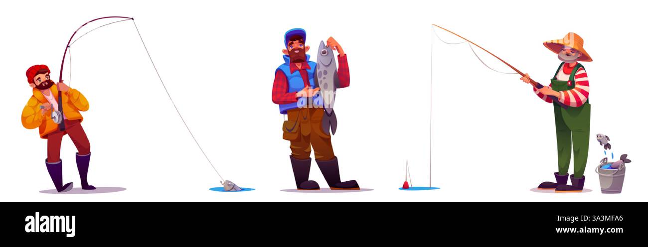 Ensemble de pêche pour hommes isolé sur fond blanc. Illustration vectorielle de dessins animés de pêcheurs attrapant des poissons avec des tiges, des personnages mâles avec des engins appréciant la plaque de cuisson Illustration de Vecteur