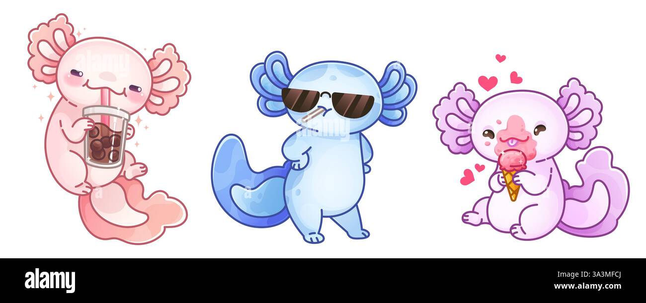 Ensemble d'été mignon axolotl - thé à bulles à boire à la salamandre rose, caractère bleu cool avec des lunettes de soleil, créature violette appréciant un cône de crème glacée avec flotteur Illustration de Vecteur